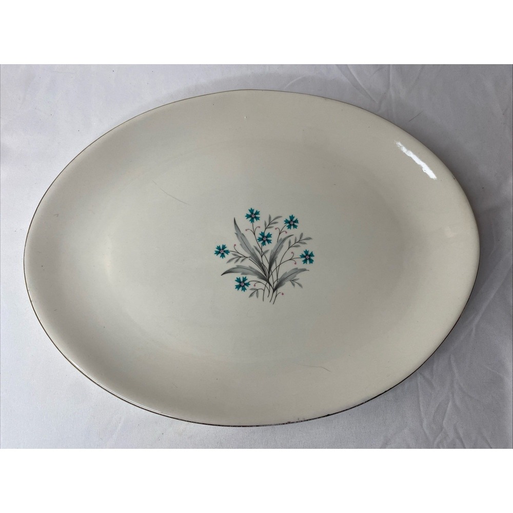 Mid MCM Scio USA HAMPTON Plate Teal Cornflower Turquoise‎ Flower Oval Serving